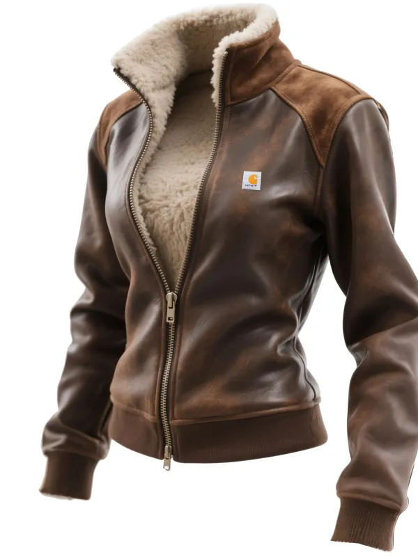 Carhartt Women's Retro Leather Suede Zipper Collar Jacket - Wantbright.com 