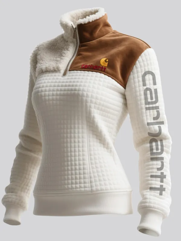 Women's Retro Western Style Waffle Contrast Suede Fleece Collar Stand Collar Sweatshirt - Simplyion.com 