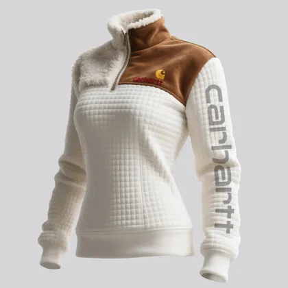 Women's Retro Western Style Waffle Contrast Suede Fleece Collar Stand Collar Sweatshirt