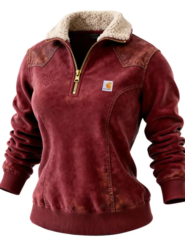 Women's Suede Spliced Leather Cozy Winter Sweatshirt Jacket With Faux Fur Collar - Perfect For Cold Weather - Simplyion.com 