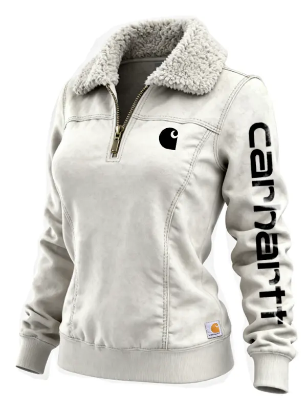 Women's Winter Sweatshirt Jacket With Faux Fur Collar And Vertical Logo Sleeve Design - Simplyion.com 