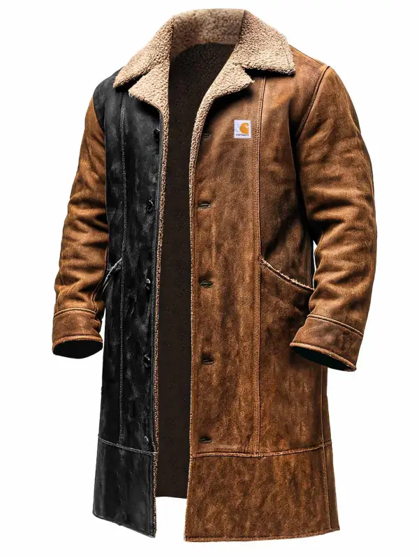 Men's Vintage Black And Brown Block Suede Fur Mid-Length Jacket Shearling Coat - Simplyion.com 