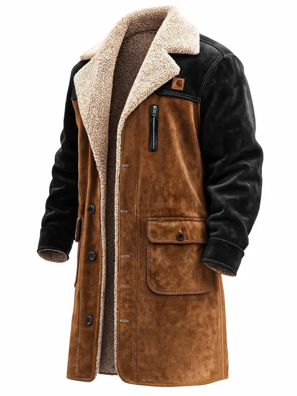 Men's Vintage Zipper Pocket Black And Brown Suede Fur Jacket Shearling Coat - Simplyion.com 