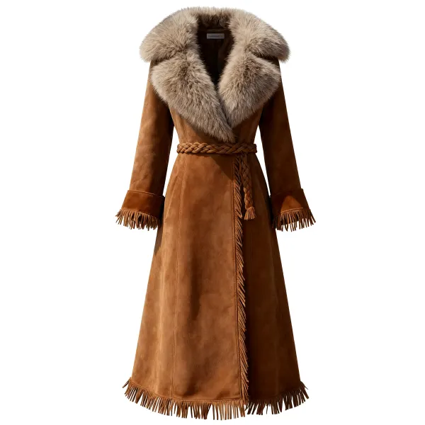 Women's Retro Western Style Suede Tassel Long Coat Fur Collar Lapel Jacket Coat - Upgradecool.com 