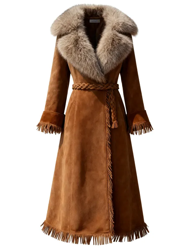 Women's Retro Western Style Suede Tassel Long Coat Fur Collar Lapel Jacket Coat - Menwyx.com 