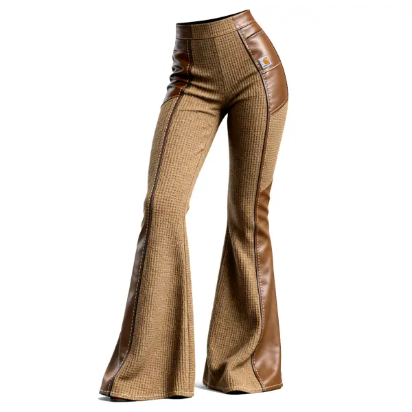 Waffle Patchwork Leather High-Waisted Flared Trousers With Contrast Panel Design For Women - Upgradecool.com 