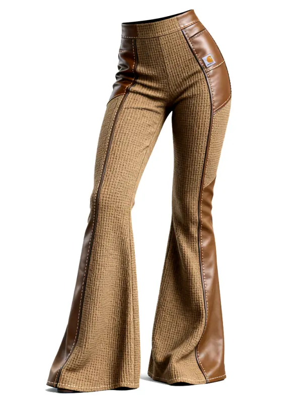 Waffle Patchwork Leather High-Waisted Flared Trousers With Contrast Panel Design For Women - Menwyx.com 