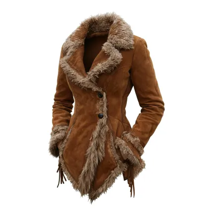 Women's Vintage Suede Coat Fur Collar Lapel Coat Beggar Style Coat