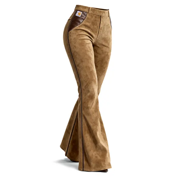 Suede Patchwork Leather Stylish Flared Trousers For Everyday Wear - Upgradecool.com 