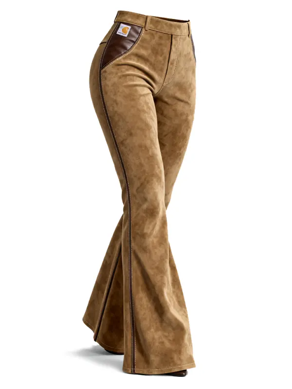 Suede Patchwork Leather Stylish Flared Trousers For Everyday Wear - Menwyx.com 