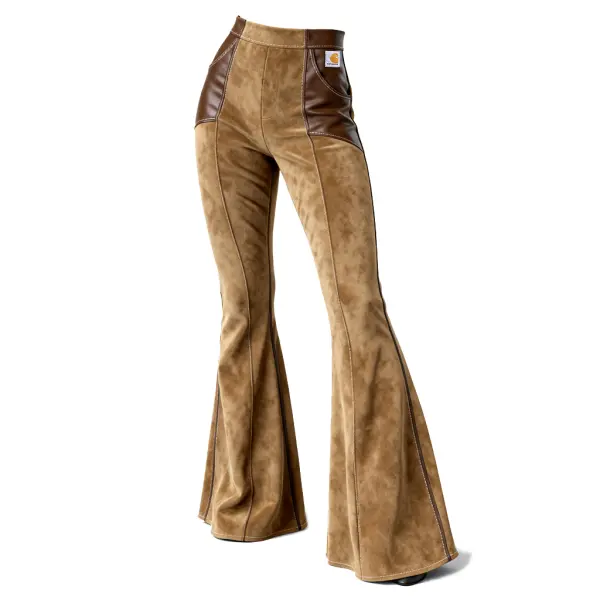 Suede Patchwork Leather High-Waisted Flared Trousers With Contrast Panel Design For Women - Upgradecool.com 