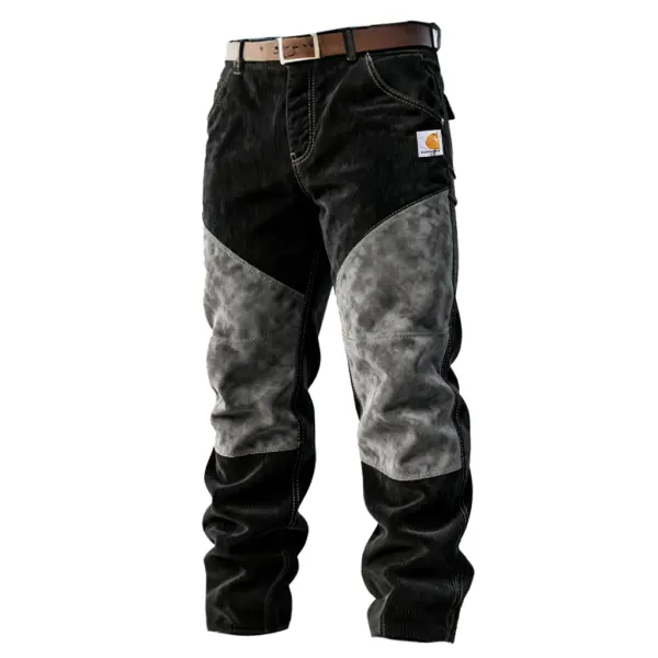 Men's Corduroy Suede Splicing Durable Work Trousers With Reinforced Knees And Adjustable Belt - Upgradecool.com 