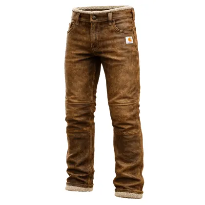 Men's Carhartt Vintage Brown Insulated Straight Fit Suede And Leather Pants With Fleece Lining