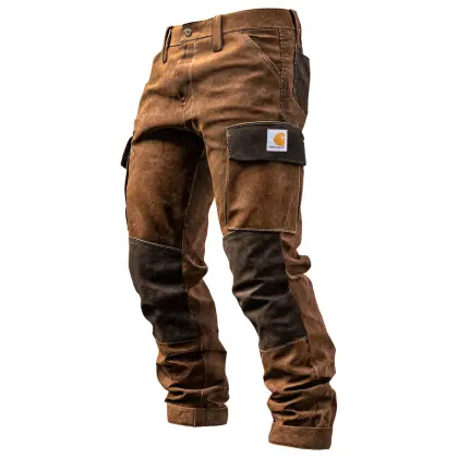 Men's Carhartt Vintage Brown Suede Contrast Work Pants With Reinforced Knees