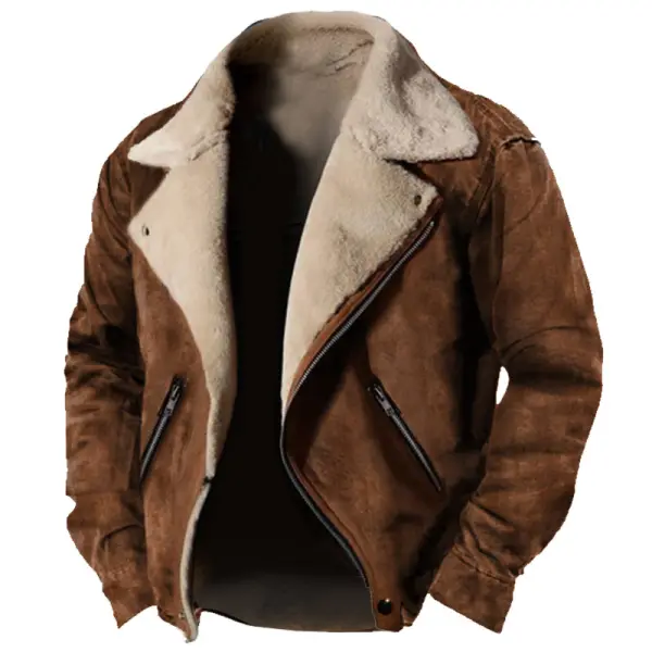 Men's Vintage Outdoor Training Suede Zip Pocket Lamb Fleece Collar Warm Jacket - Manlyhost.com 