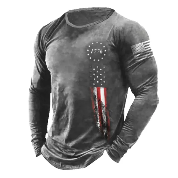 Men's 1776 Independence Day American Flag Print Long Sleeve Cotton T-Shirt - Elementnice.com 