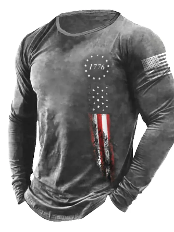 Men's 1776 Independence Day American Flag Print Long Sleeve Cotton T-Shirt - Menbarn.com 