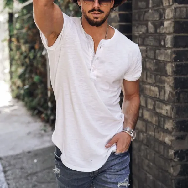 Holiday Casual Solid Color Breathable Henley T-Shirt - Yesunshine.com 