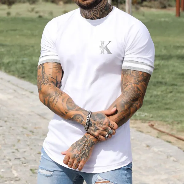 Men's Fashion K Print Color Matching Casual Slim Fit Short Sleeve T-Shirt - Yesunshine.com 