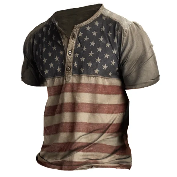 Men's Vintage Distressed American Flag Graphic Henley Collar T-Shirt - Yesunshine.com 