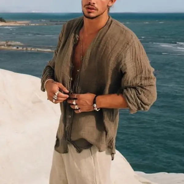 Men's Linen Simple Design Long Sleeve Shirt - Yesunshine.com 