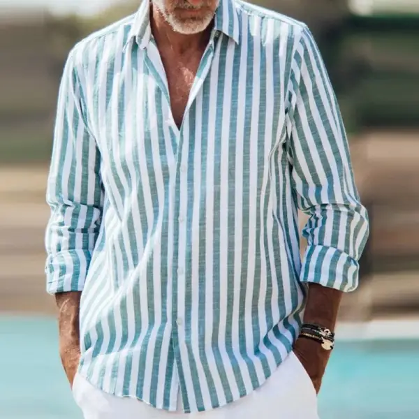 Men's Cotton Linen Vintage Stripe Chest Pocket Long Sleeve Shirt - Yesunshine.com 