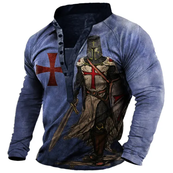 Men's Vintage Templar Cross Long Sleeve Henley T-Shirt - Yesunshine.com 