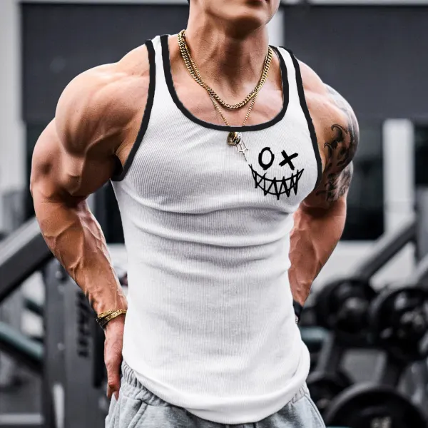 Men's Smiley Print Workout Sleeveless Tank Top - Yesunshine.com 