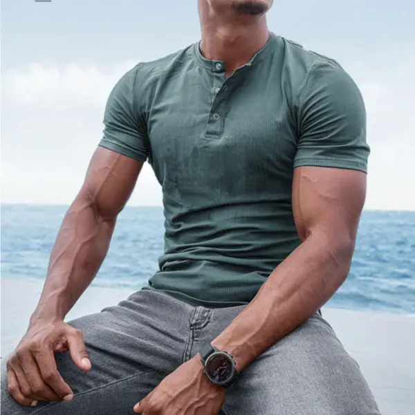Men's Spring/Summer Henley Stretch Slim T-Shirt - Yesunshine.com 