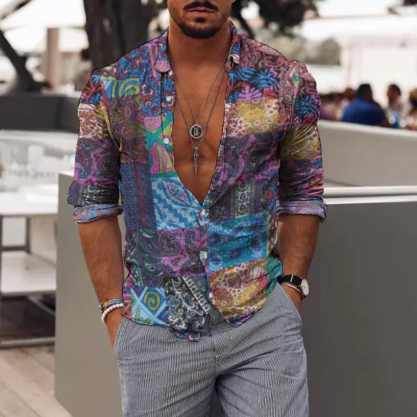 Retro Mens Holiday Ethnic Style Stitching Printed Shirt - Yesunshine.com 