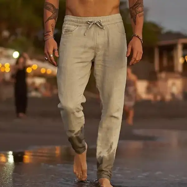 Men's Casual Breathable Elastic Tether Beach Cotton Linen Loose Trousers - Yesunshine.com 