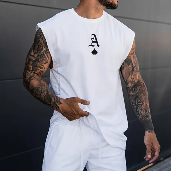 Men's Fashion Ace Of Spades Print Tank Top Casual Mesh Patchwork Breathable Sleeveless T-Shirt - Yesunshine.com 