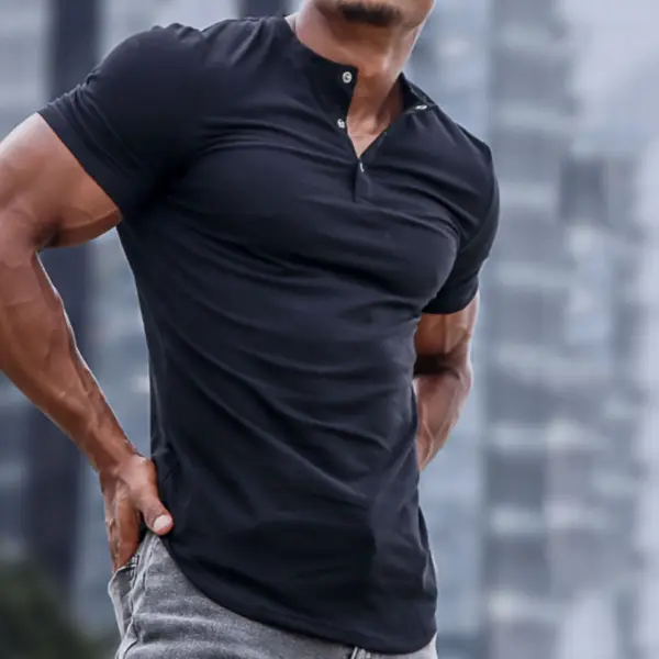 Men's Spring/Summer Henley Stretch Slim T-Shirt - Yesunshine.com 