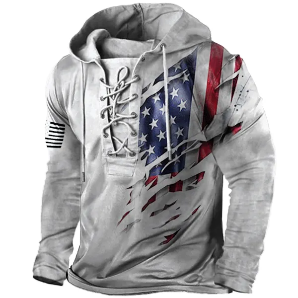 Men's Vintage American Flag Print Lace-Up Hooded Long Sleeve T-Shirt - Yesunshine.com 