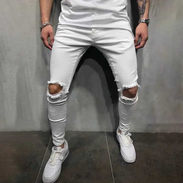 Men's Tight-fitting Fashion Casual Solid Color Ripped Mid-waist And Small-foot Casual Trousers - Yesunshine.com 
