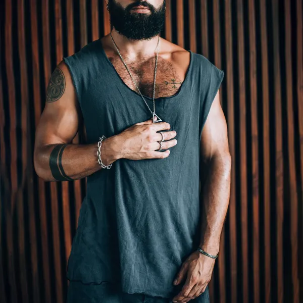 Men's Holiday Tropical Tribal Style Cotton Casual Tank Top Irregular Cut Comfortable Breathable Top Oversized - Yesunshine.com 