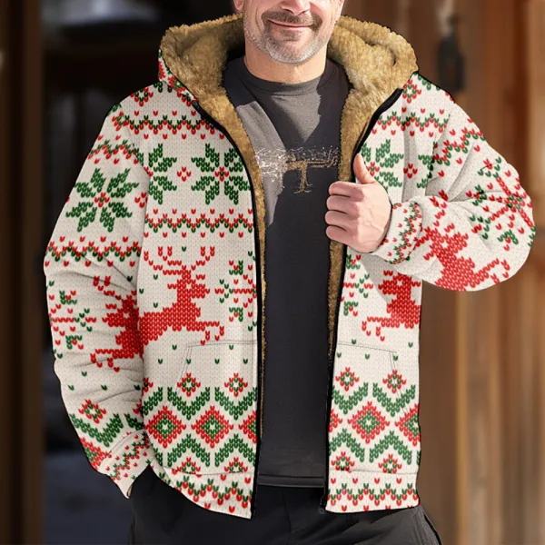 Men's Christmas Print Thickened Fleece Hooded Sweatshirt Jacket - Yesunshine.com 