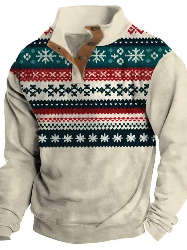 Men's Sweatshirt Christmas Stand Collar Buttons Daily Tops Beige - Businesuniontrade.com 