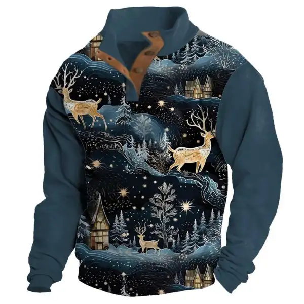 Men's Sweatshirt Christmas Reindeer Wonderland Stand Collar Buttons Daily Tops Navy - Yesunshine.com 