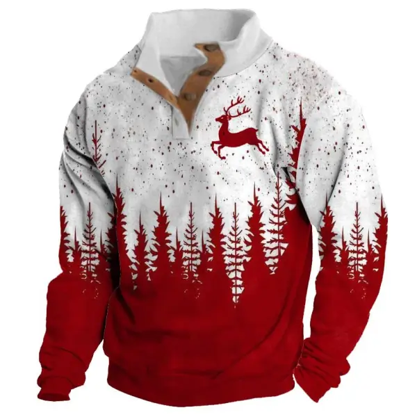 Men's Sweatshirt Christmas Tree Reindeer Stand Collar Buttons Daily Tops Red - Anurvogel.com 