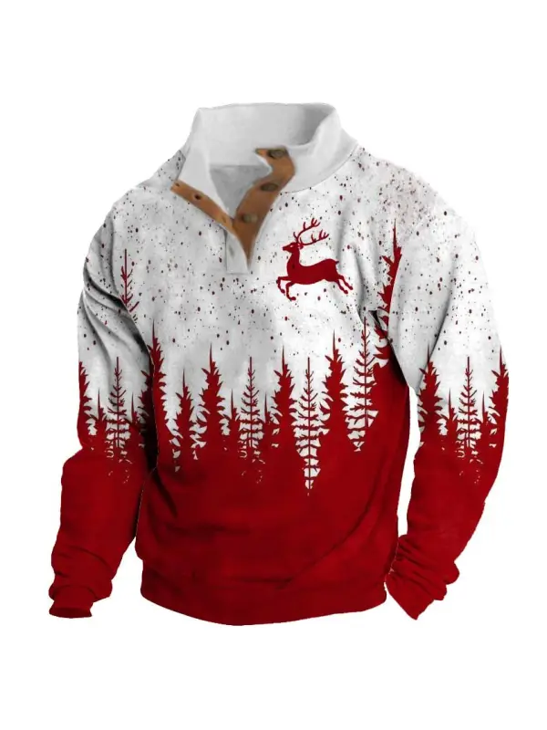 Men's Sweatshirt Christmas Tree Reindeer Stand Collar Buttons Daily Tops Red - Ootdmw.com 