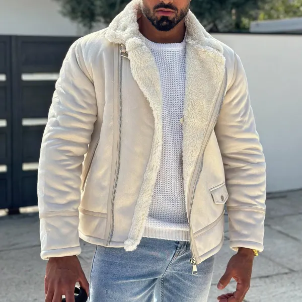 Men's Zipper Lapel Bomber Jacket Men's Casual Suede Jacket Coat - Sunhopebloom.com 