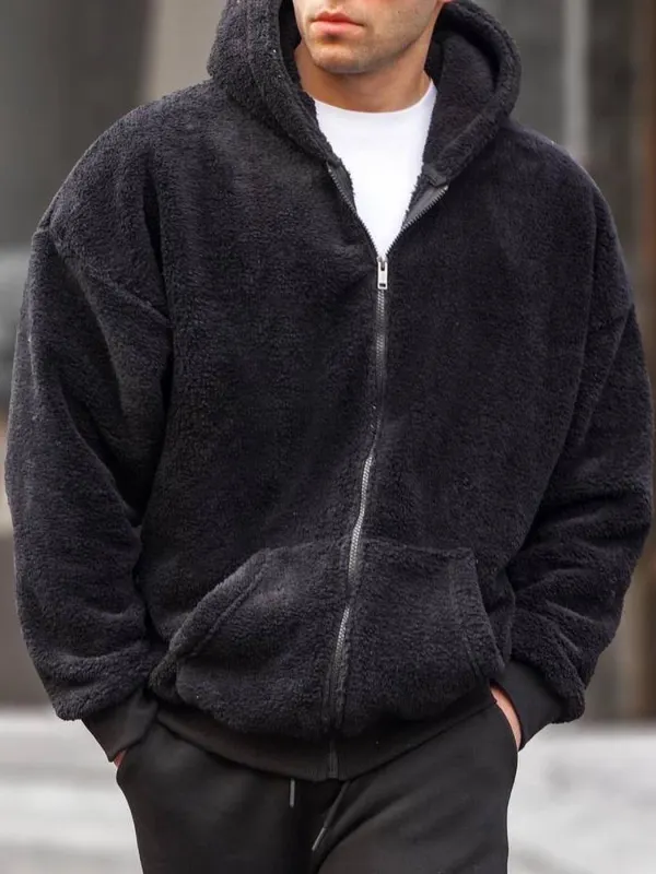 Plush Hooded Cardigan Men's Casual Teddy Fleece Hooded Zip Sweatshirt - Businesuniontrade.com 