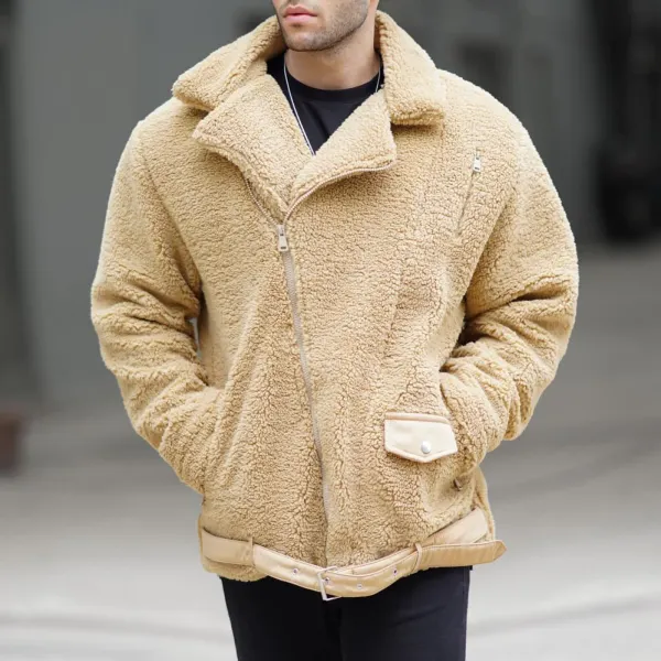 Plush Zipper Lapel Jacket Men's Casual Fleece Jacket Coat - Sunhopebloom.com 