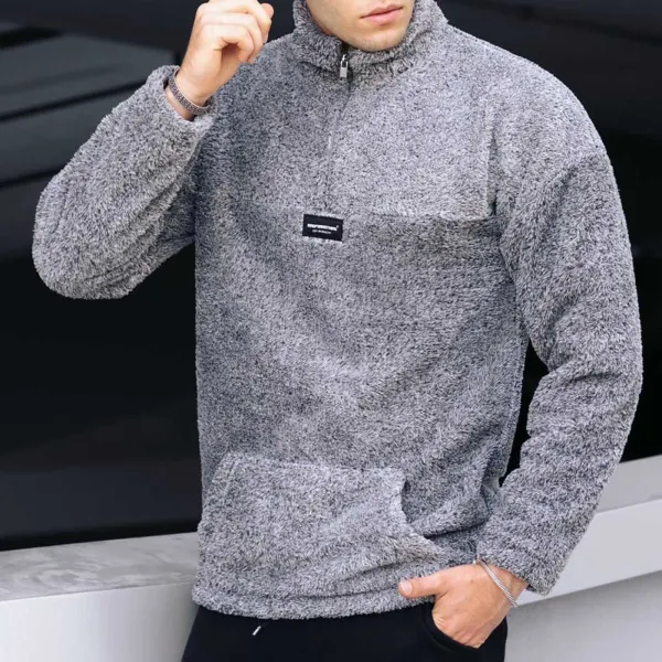 Plush Half-Zip Stand Collar Slim Fit Long Sleeve Pullover Men's Casual Teddy Fleece Stand Collar Sweatshirt - Yesunshine.com 