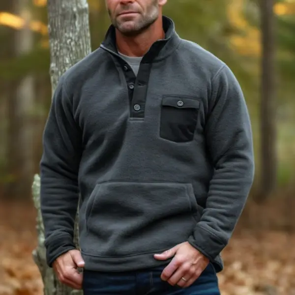 Men's Outdoor Tactical Pocket Warm Button Stand Collar Sweatshirt - Sunhopebloom.com 