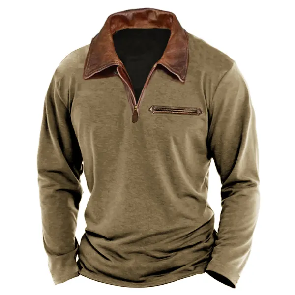 Men's 1/4 Zipper Polo Leather Lapels Vintage Contrast Color Leather Pockets Long Sleeve T-Shirt - Manlyhost.com 