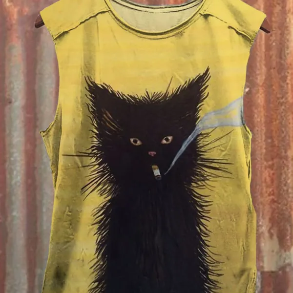Unisex Smoking Black Cat Art Print Casual Tank Top - Yesunshine.com 