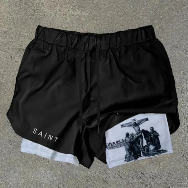 Funbibi Casual Jesus Print Double Layer Quick Dry Shorts - Yesunshine.com 