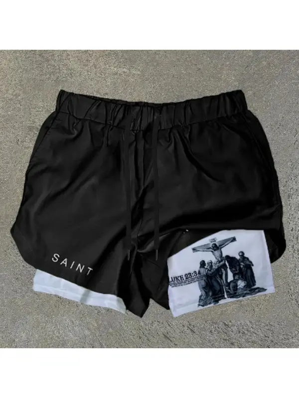 Funbibi Casual Jesus Print Double Layer Quick Dry Shorts - Aptkoi.com 